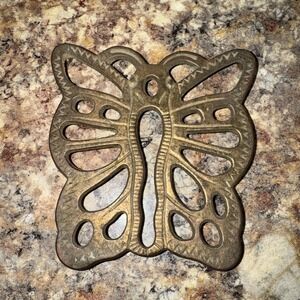 VTG  Brass Butterfly Trivet / Wall hanging MCM Decor Hot Pad Pot Holder Footed